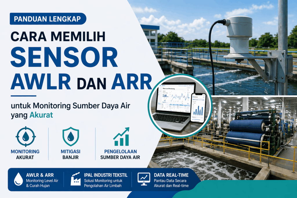 Ilustrasi sensor AWLR dan ARR untuk monitoring level air pada instalasi pengolahan air limbah industri tekstil dengan sistem pemantauan data real-time