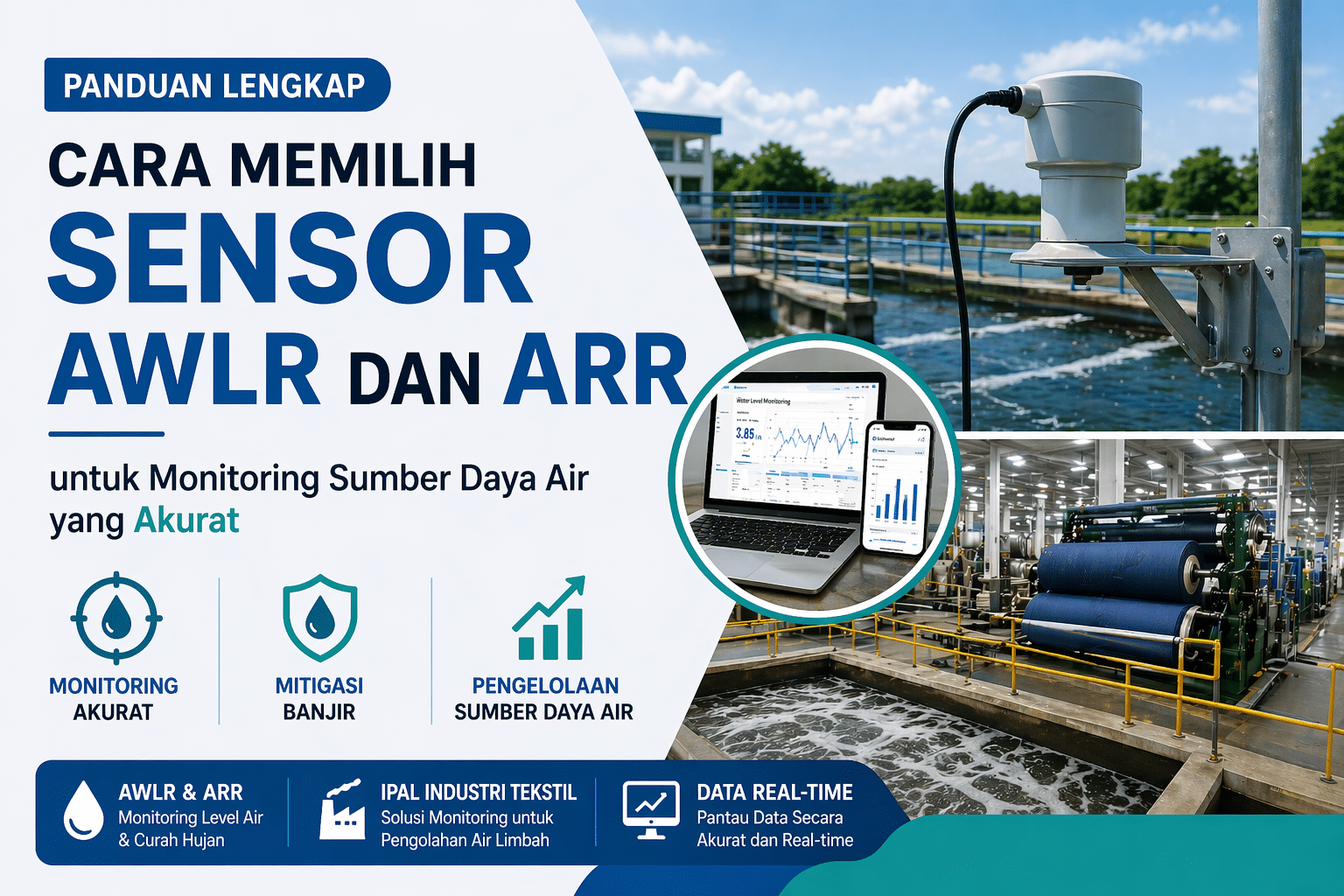 Ilustrasi sensor AWLR dan ARR untuk monitoring level air pada instalasi pengolahan air limbah industri tekstil dengan sistem pemantauan data real-time