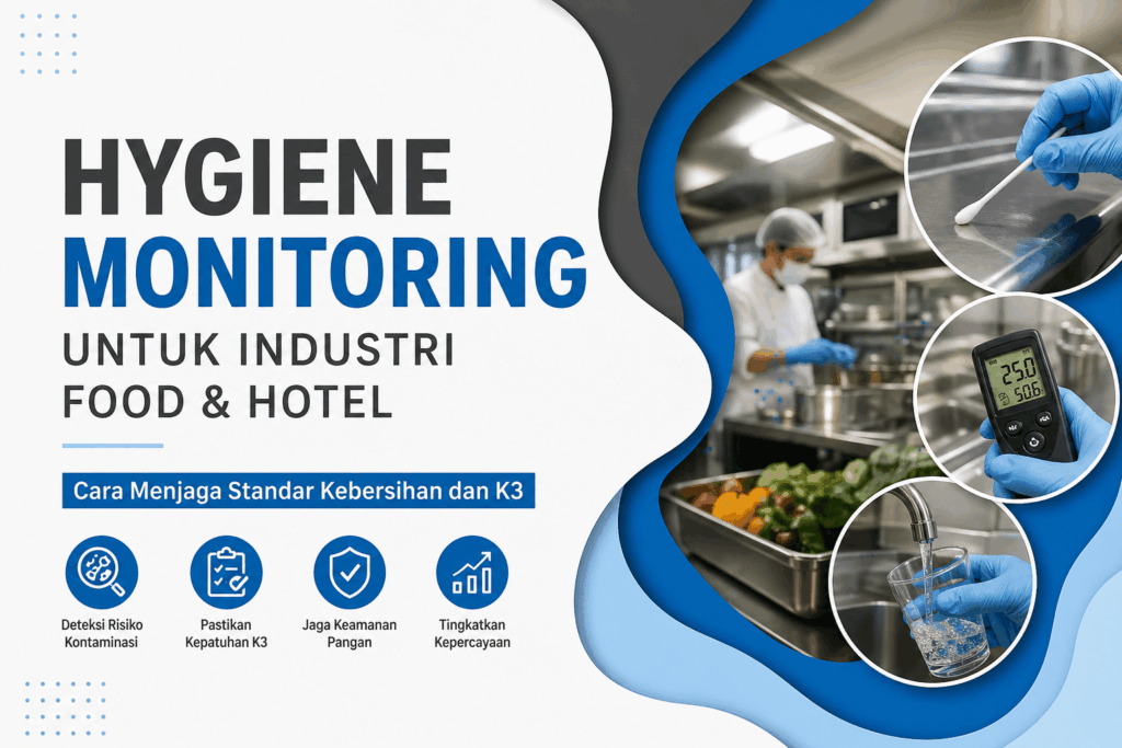 Ilustrasi hygiene monitoring industri food dan hotel dengan pengujian kebersihan dapur, air, dan permukaan untuk menjaga standar K3