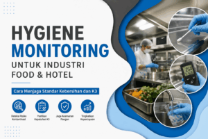 Ilustrasi hygiene monitoring industri food dan hotel dengan pengujian kebersihan dapur, air, dan permukaan untuk menjaga standar K3