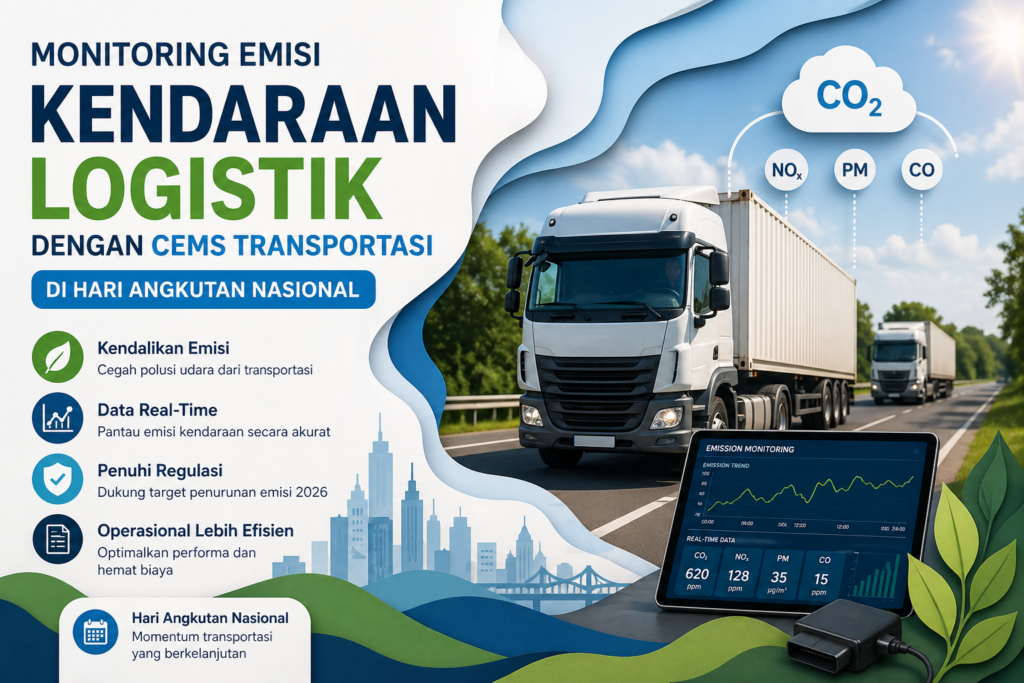 Ilustrasi monitoring emisi kendaraan logistik menggunakan CEMS transportasi dengan truk operasional dan dashboard data real-time