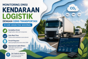Ilustrasi monitoring emisi kendaraan logistik menggunakan CEMS transportasi dengan truk operasional dan dashboard data real-time