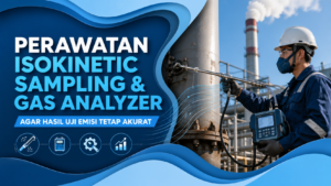 Teknisi industri memegang alat isokinetic sampling dan gas analyzer untuk pengujian emisi cerobong dengan konsep perawatan alat uji lingkungan