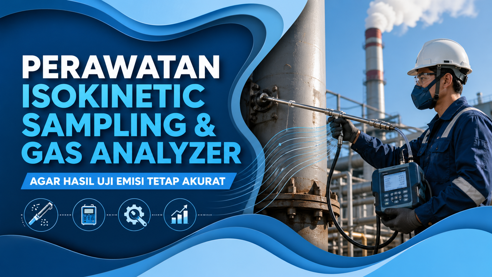 Teknisi industri memegang alat isokinetic sampling dan gas analyzer untuk pengujian emisi cerobong dengan konsep perawatan alat uji lingkungan