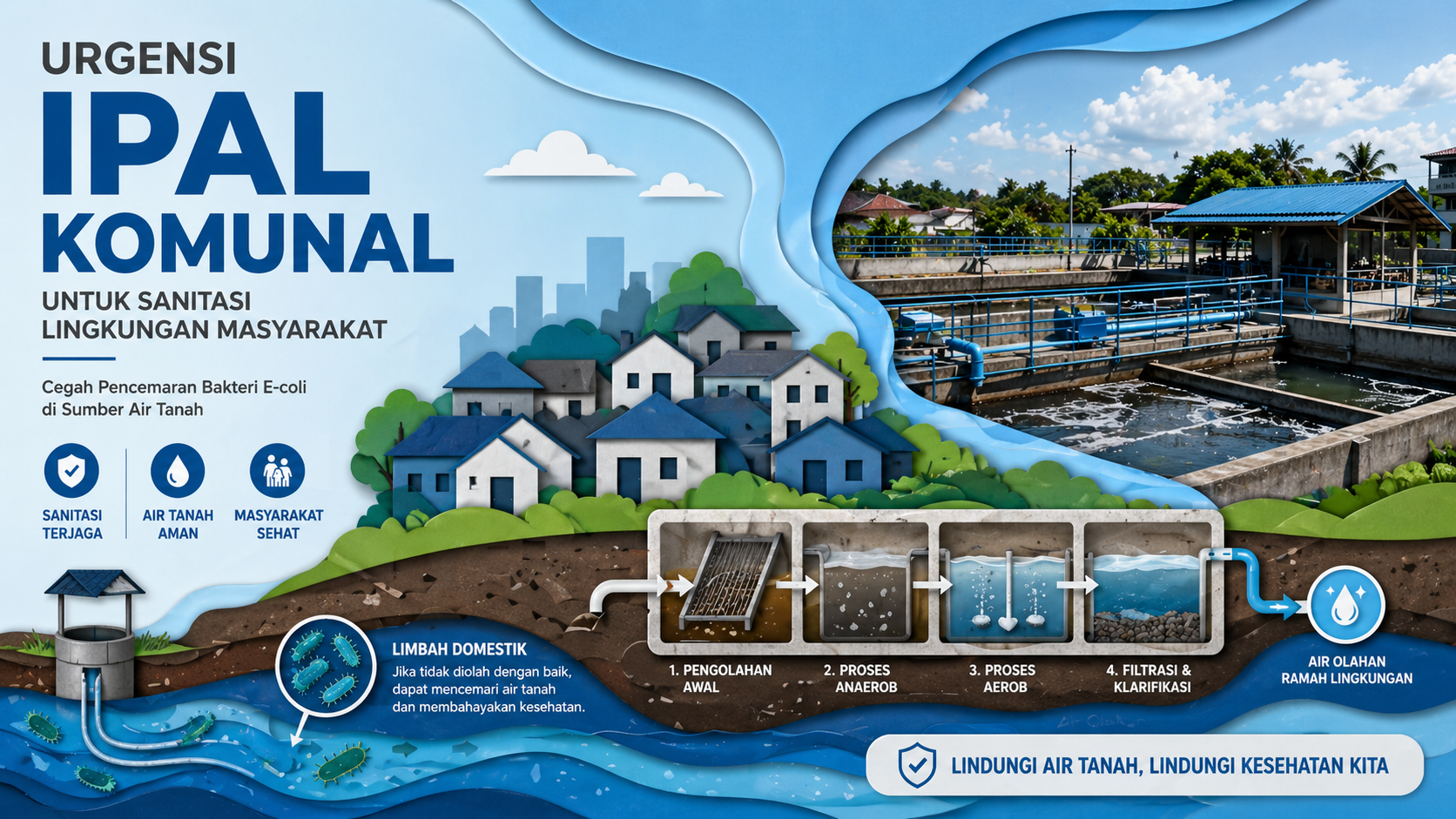 Ilustrasi IPAL komunal untuk sanitasi lingkungan masyarakat dengan sistem pengolahan limbah domestik yang mencegah pencemaran bakteri E. coli pada air tanah